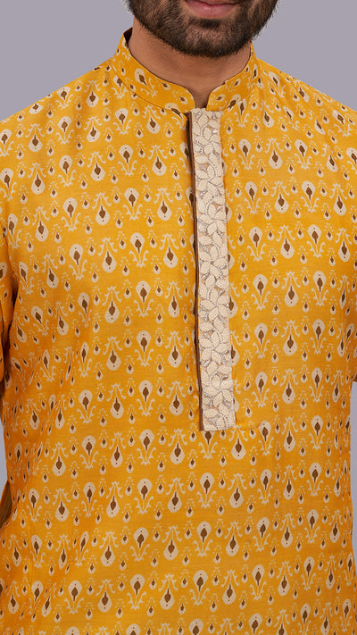 Yellow Brown Printed Chanderi Kurta men