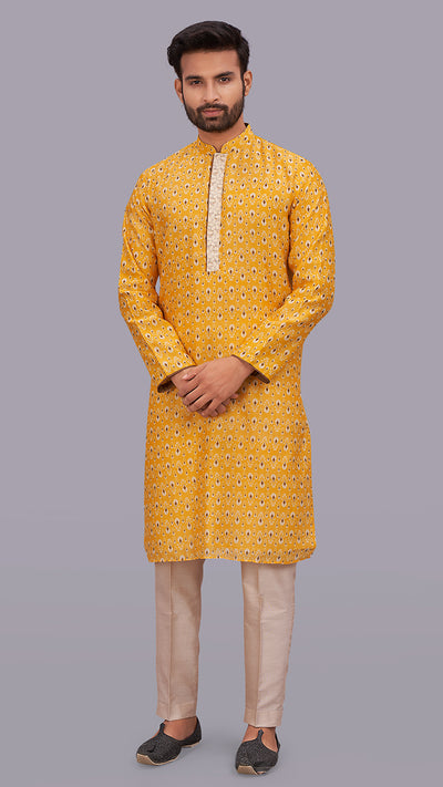 online Yellow Brown Printed Chanderi Kurta