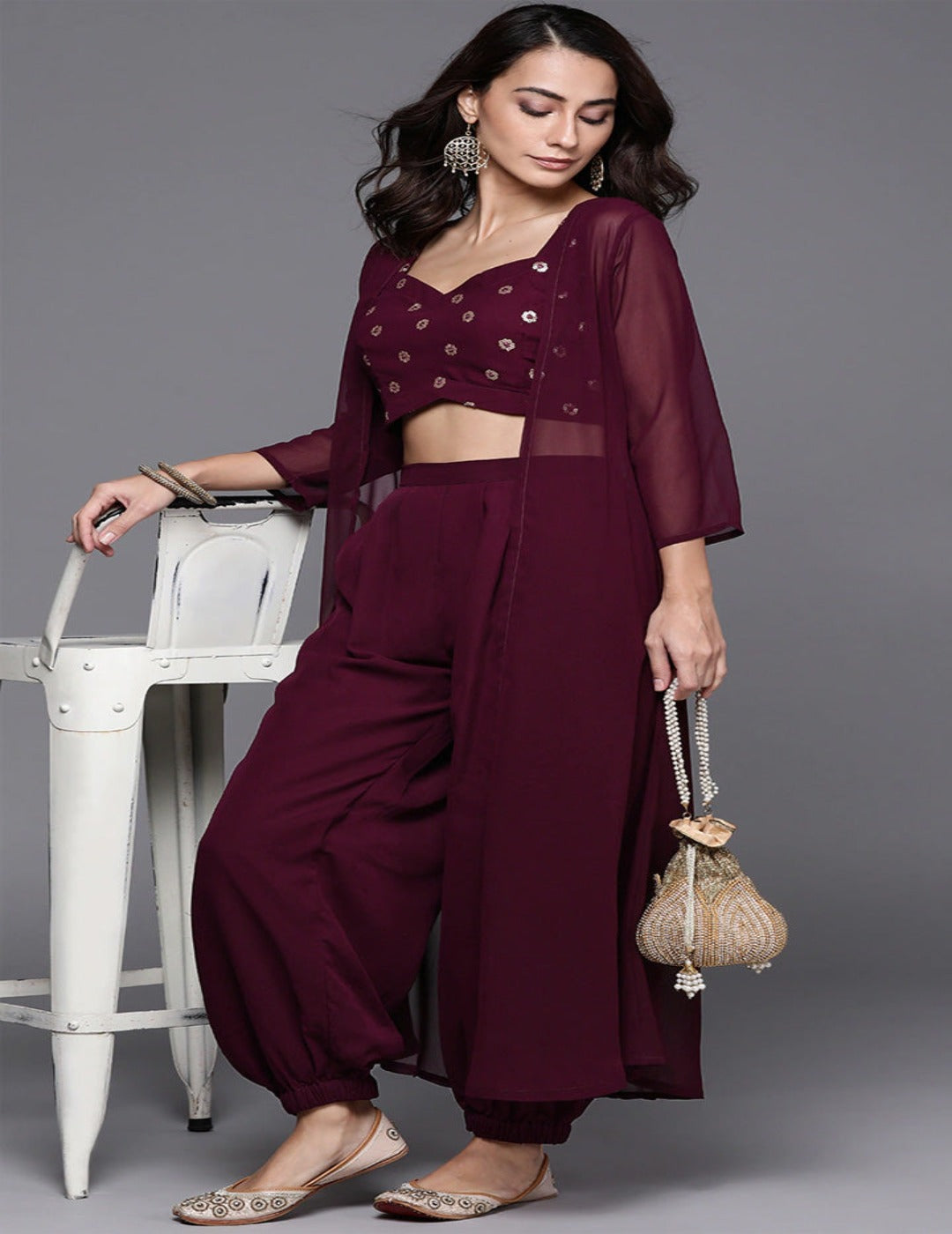 Maroon Sequin Top with Harem Pant & Longline Jacket singapore boutique