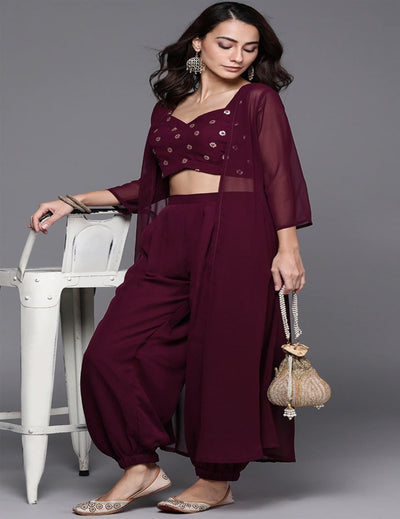 Maroon Sequin Top with Harem Pant & Longline Jacket singapore boutique